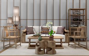 中式沙发、茶几、落地灯和书柜组合