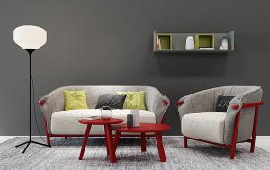 现代北欧沙发、茶几和落地灯组合