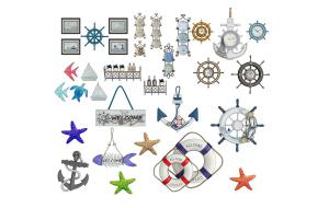 地中海救生圈、船舵、海星装饰品挂件、墙饰