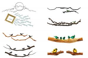 新中式树枝小鸟、鱼群墙饰挂件