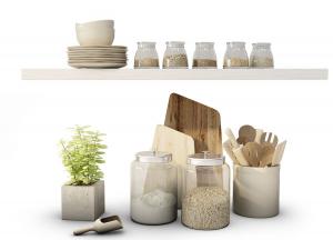 厨房用品粮食收纳瓶、刀叉收纳桶、实木菜板