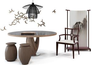 新中式圆形餐桌椅、鼓凳、中式椅子组合