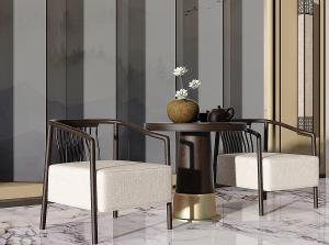 新中式休闲椅、边几、圆几组合