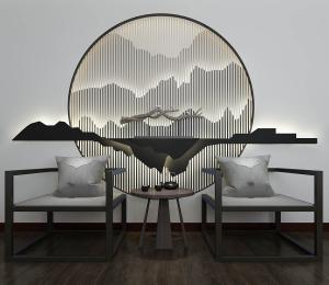 中式玄关椅子、边几、格栅造型组合