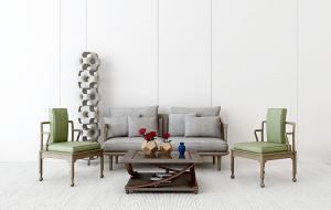 新中式实木框架多人沙发、单人沙发和坐垫组合