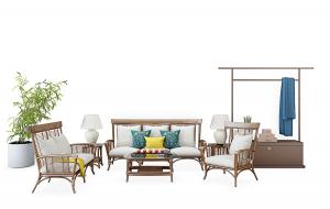 新中式藤制多人沙发、单人沙发组合