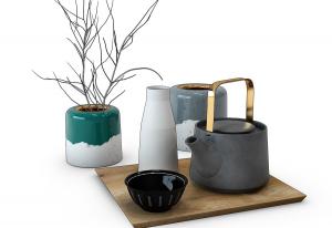 新中式金色茶壶把手、茶杯、摆件