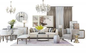 新中式白色不易多人沙发、圆形餐桌椅组合