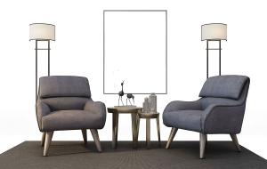 新中式布艺软包单人沙发、边几组合