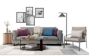 新中式不以多人沙发、靠垫和椭圆形大理石茶几