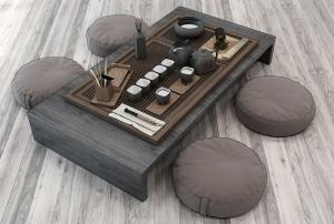 新中式茶台、茶具组合、坐垫