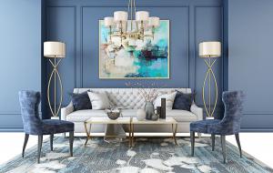 简欧轻奢白色软包靠背多人沙发、落地灯组合