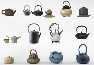 中式紫砂壶、茶壶、香炉组合