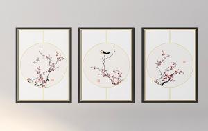 新中式梅花三联拼接挂画、装饰画