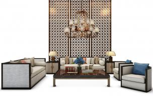 新中式沙发、茶几、屏风和吊灯组合