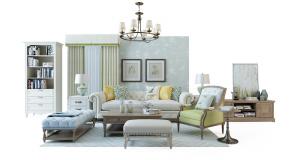 欧式沙发、茶几、窗帘和电视柜组合