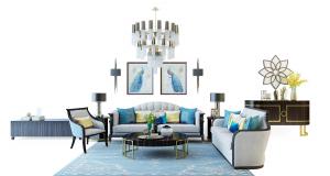 简欧沙发、茶几、休闲椅和电视柜组合