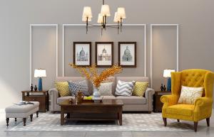 美式沙发、茶几和方形坐凳组合