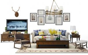 欧式沙发、茶几、方形坐凳和地毯组合