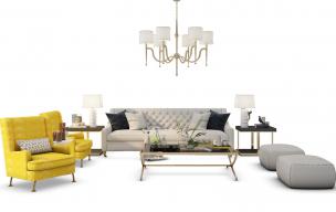 欧式沙发、茶几、方形坐墩和吊灯组合