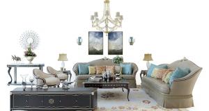 欧式沙发、茶几、休闲椅和吊灯组合