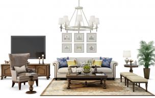 美式沙发、茶几、方形坐凳和吊灯组合