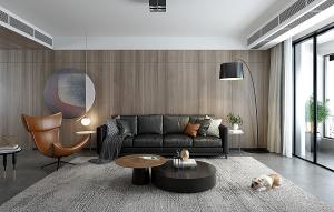 现代客厅皮革沙发、茶几和落地灯组合