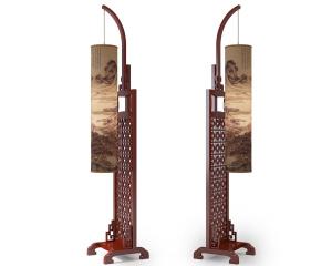 中式实木网格支架垂吊落地灯