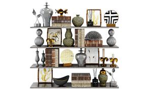 搁板摆件陈设烛台、花瓶、书籍杂志