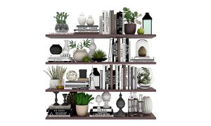 隔板书籍、花盆绿植、饰品摆件