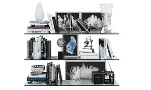 搁板玻璃器皿、书籍装饰品摆件