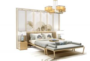 中式实木镂空床头双人床、床垫组合