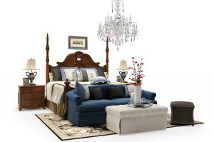 美式实木雕花床头双人床、床头柜组合