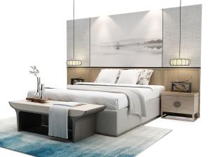 实木床头背景双人床、床头柜组合