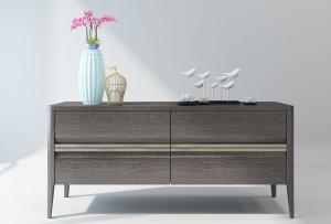 新中式胡桃木纹理双层抽屉式电视柜、装饰摆件