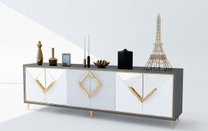 现代轻奢灰色边框菱形拼接柜门电视柜