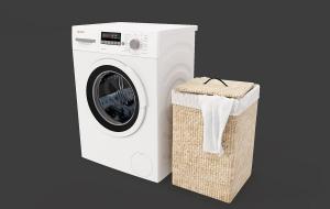 现代白色滚筒洗衣机、收纳篮