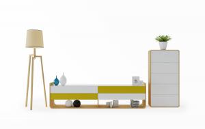 现代U字形黄白拼接抽屉电视柜