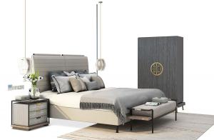 新中式软包床头双人床、床头柜、衣柜组合