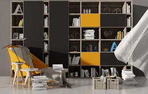 北欧客厅收纳展示柜 书架、休闲椅和书籍组合