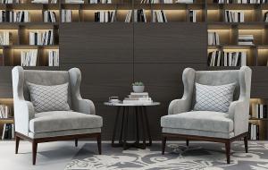 北欧实木书房书架、单人沙发和边几组合