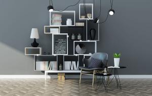 现代几何组合书架、休闲椅和边几组合