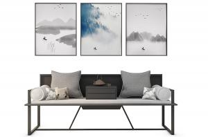 新中式罗汉床、三联拼接装饰画组合3d模型 新中式罗汉床、三联拼接装饰画组合