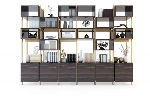 新中式镶嵌金色金属框架的书架、装饰摆件组合