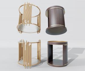 现代金属拼接玻璃、实木圆几 边几组合