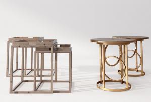 新中式方形实木角几、金属圆形边几组合