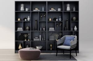 现代深灰色开放式收纳展示书架、休闲椅和坐墩组合