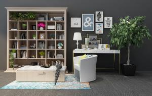 北欧实木方格收纳架 书架、写字台和装饰画组合