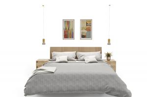 现代实木双人床、精致吊灯、装饰画