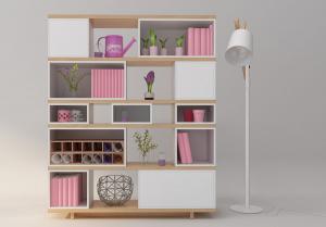现代女儿房书架、落地灯组合